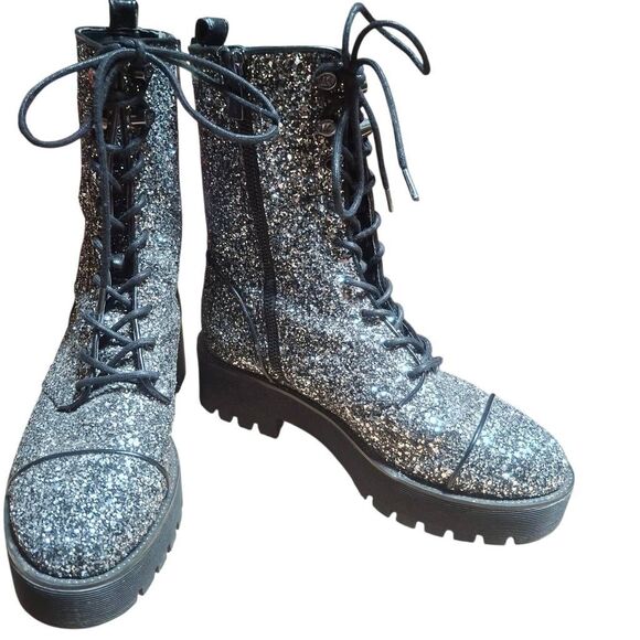 Michael Kors Silver Glitter Combat Boots Women’s 9 Platform Lug Sole Side Zip - Picture 1 of 9